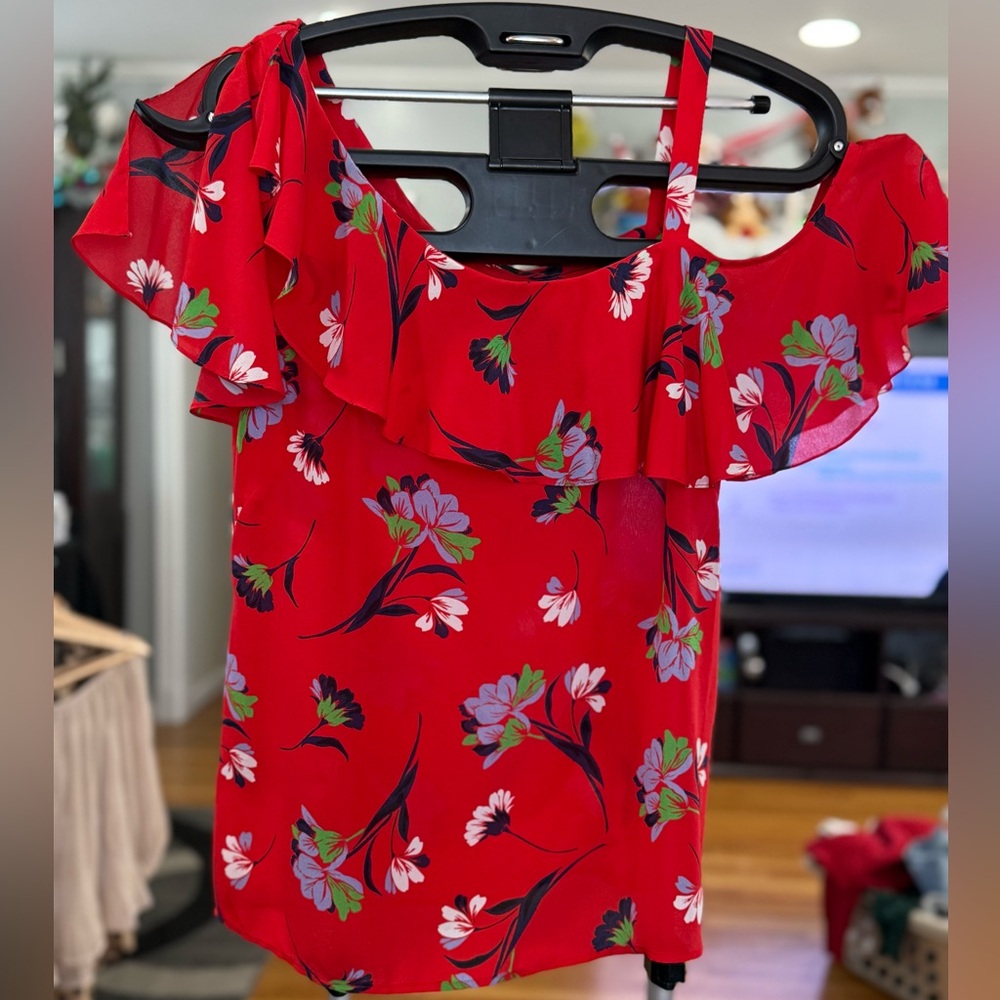 Nanette Lepore Red Floral Ruffle Blouse – Made in NYC | Size Medium